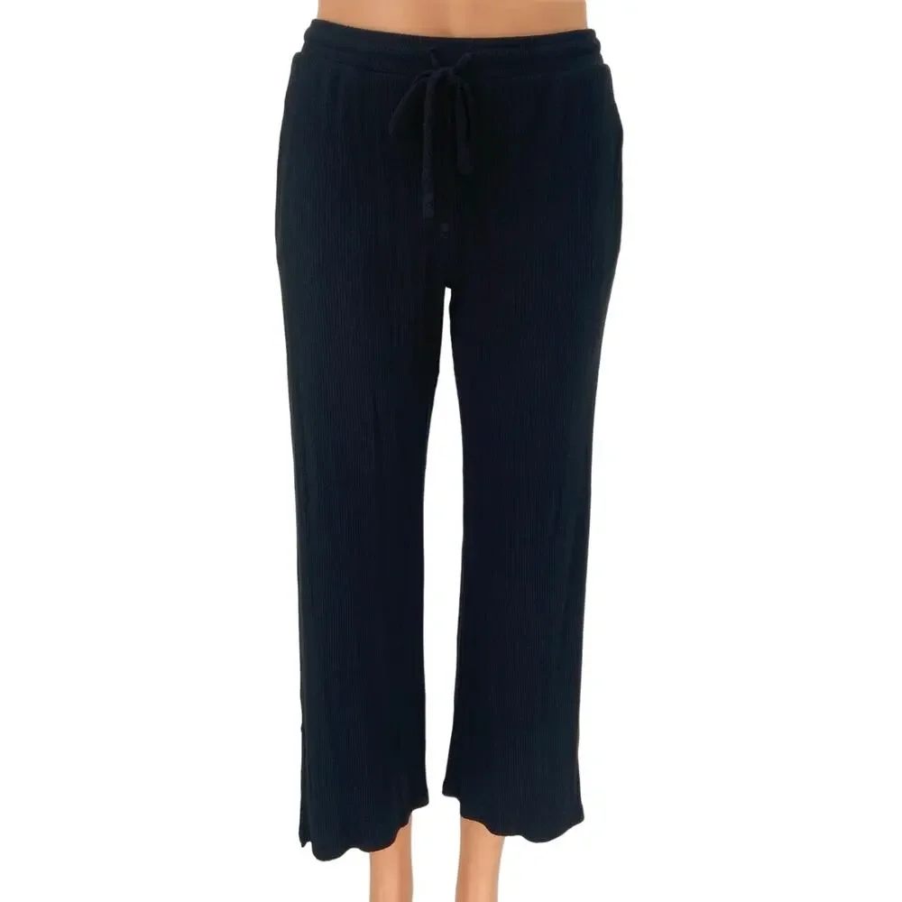 Aqua Black Ribbed Mid Rise Drawstring Cropped Relaxed Lounge Sweat Pants Size S